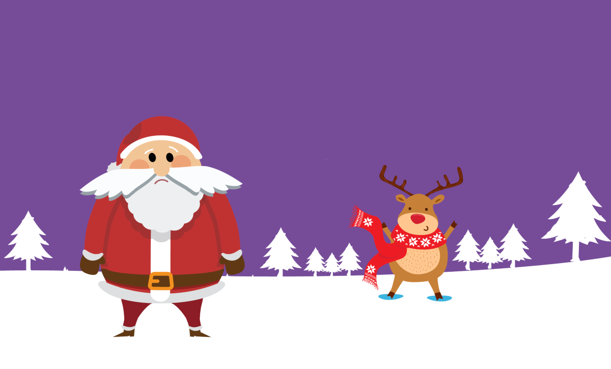 A cartoon santa and reindeer standing on snow with trees in the background