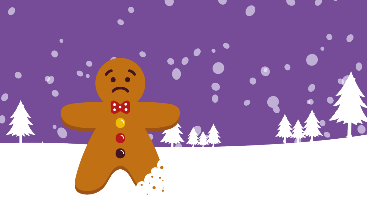 Gingerbread man and reindeer on snow with Christmas trees and snow