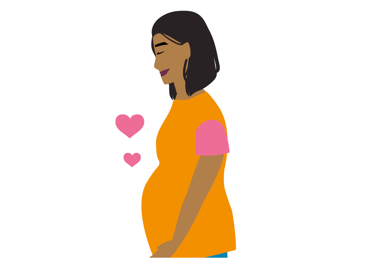 A cartoon pregnant woman cradling her bump looking peaceful