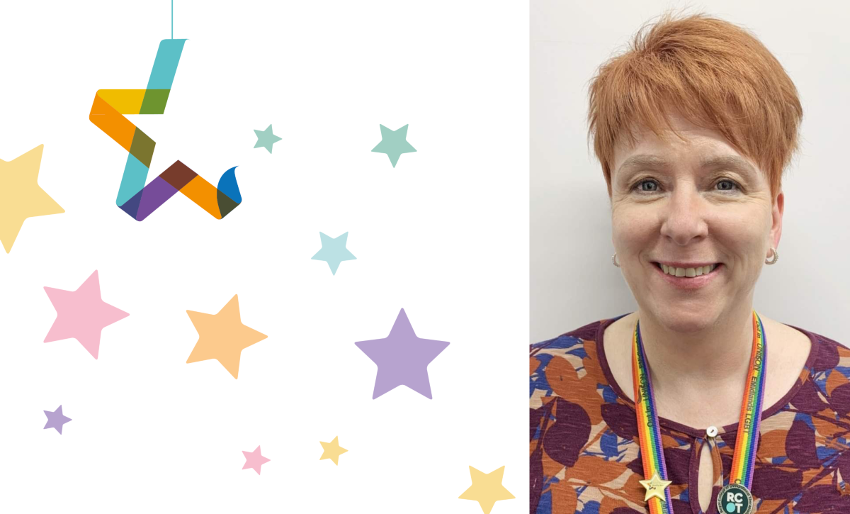 Kerry Mabbott surrounded by colourful stars on a white background