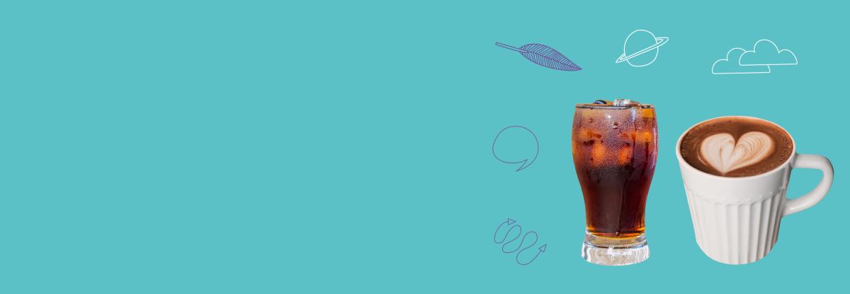 Banner with a fizzy drink and coffee cup and doodle images