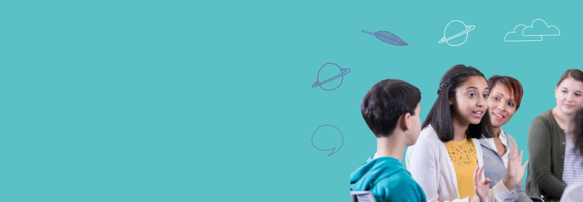 Banner with a group of children talking and doodle images