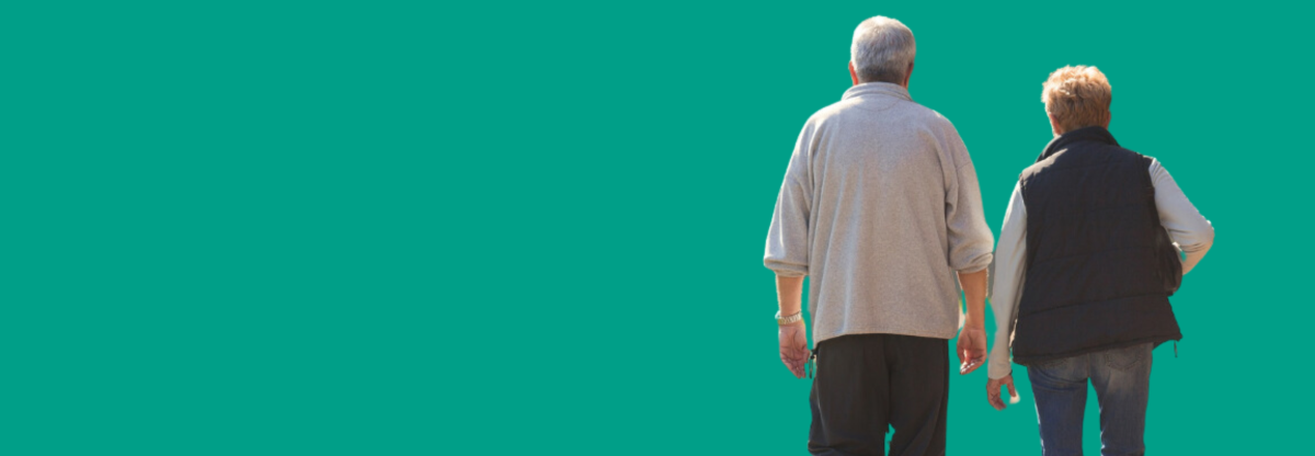 Cutout image of older couple walking against a green background