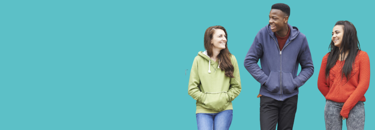 A cutout image of three young people smiling together against a teal background