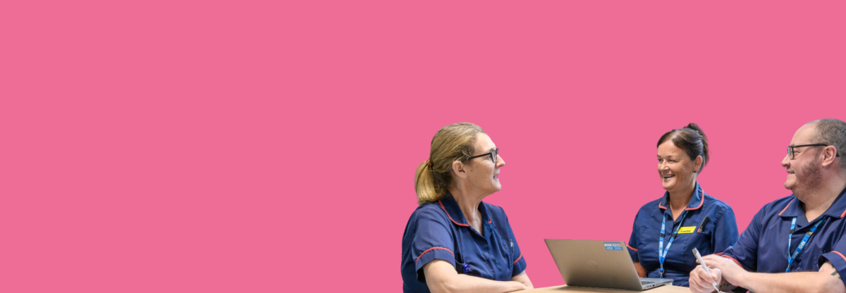A cutout image of staff from the Intermediate Care Team against a pink background
