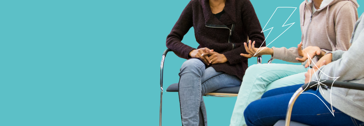 A cutout image of three unidentified people having a group discussion against a teal background