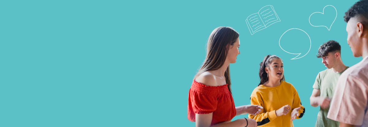 A cutout image of a group of young people having a discussion against a teal background