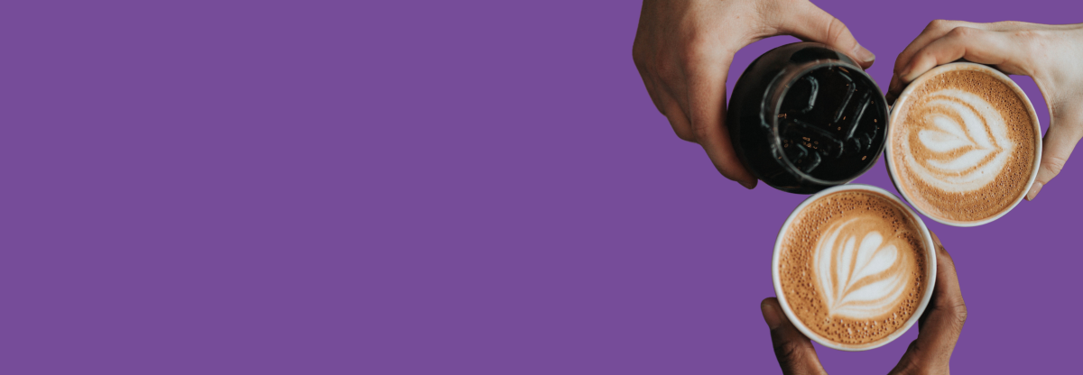 A cutout image of hands holding coffees and a soft drink against a purple background