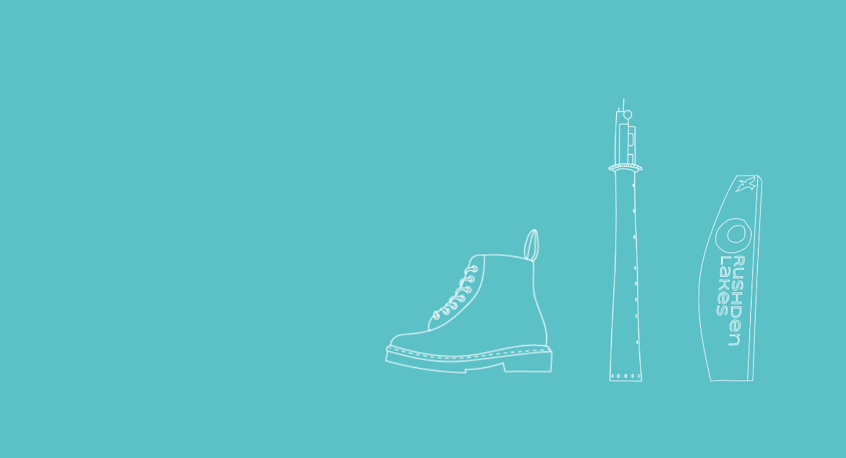 Doodles of a Dr Marten boot, the Northampton lift tower and a Rushden Lakes sign against a teal background