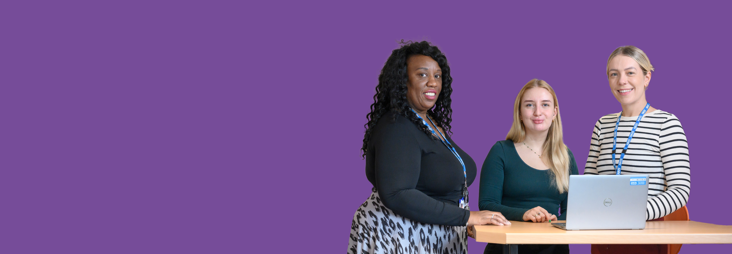 A cutout image of three female members of the NHFT community mental health team standing at a desk against a purple background