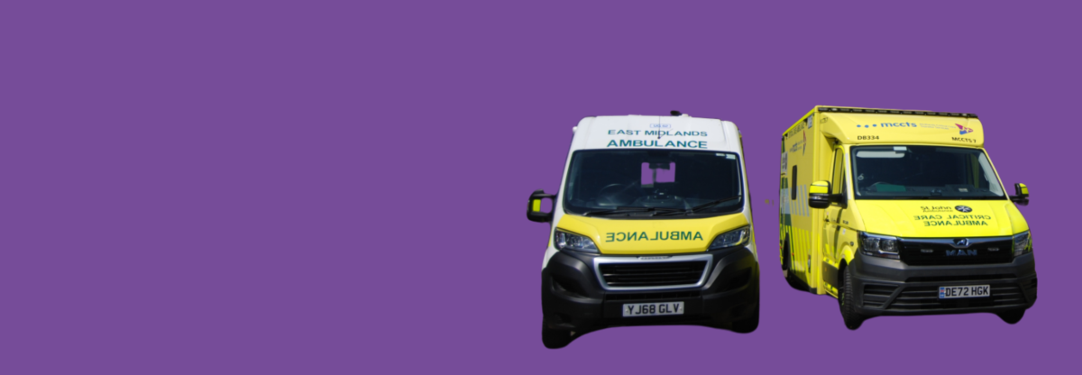 A cutout image of two ambulances outside Northampton General Hospital emergency department against a purple background