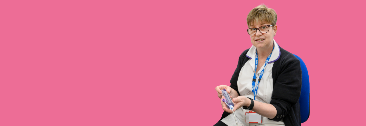 A cutout image of a female member of the NHFT dietetics team against a pink background