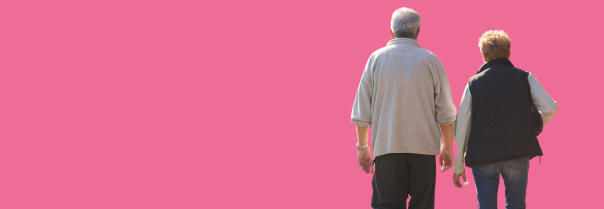 A cutout image of an older couple walking outdoors, viewed from behind, against a pink background