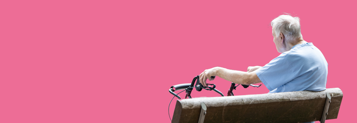 A cutout image of an older man seated on a bench and holding a walking frame, viewed from behind against a pink background