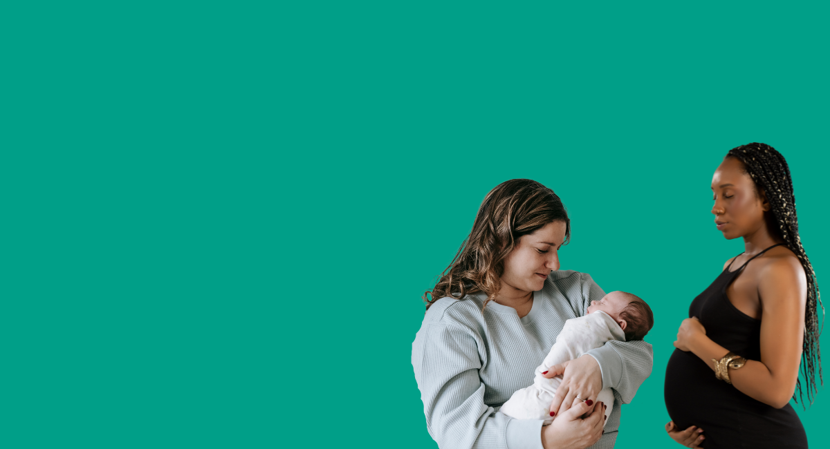 Mother looking at baby and another image of a pregnant female with eyes closed