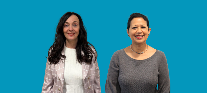 Cutout images of Angela Hillery and Crishni Waring against a blue background