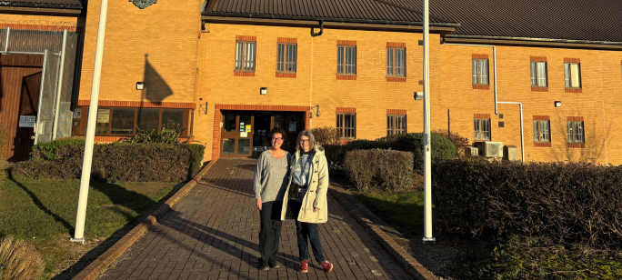 Maria O'Neill and Annelise Matthews standing outside HMP Littlehey