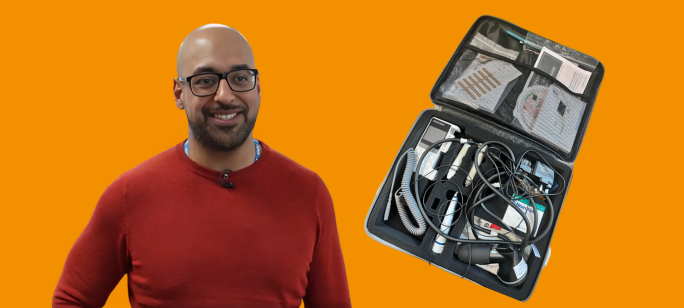 A cutout photograph of Mohammed Ellahi and electronic footcare equipment against an orange background