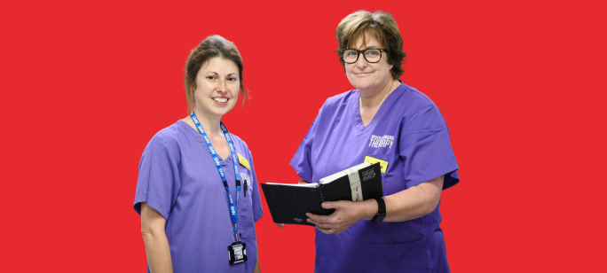 A cutout photograph of two female NHFT speech and language therapists looking at the camera against a red background