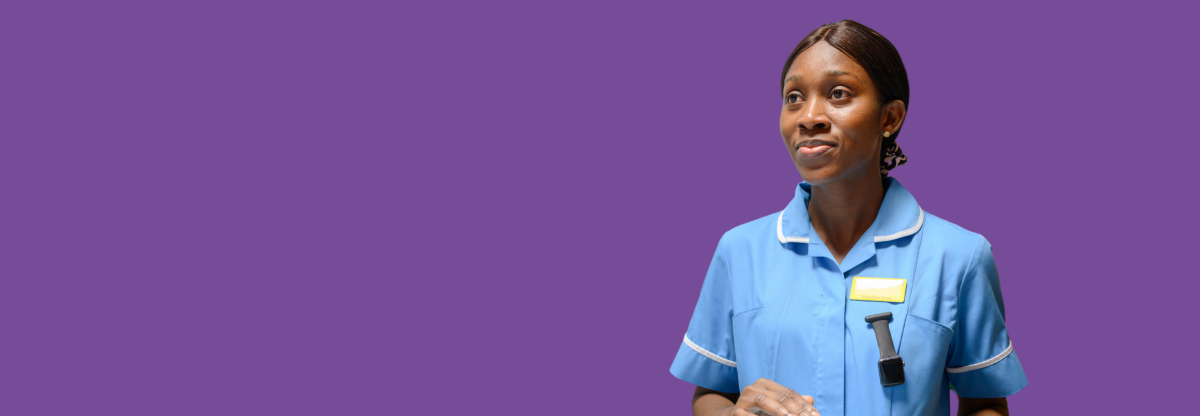 A cutout photograph of a female NHFT staff nurse against a purple background