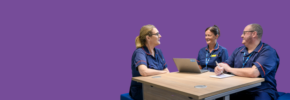 A cutout photograph of two female and one male member of the NHFT intermediate care team talking together against a purple background