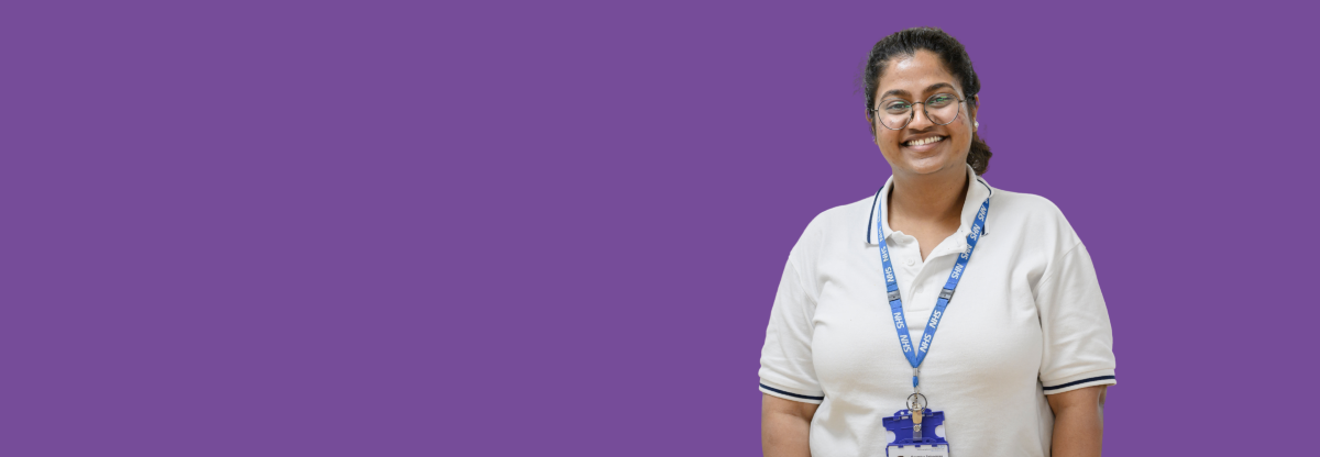 A cutout photograph of a female NHFT physiotherapist against a purple background
