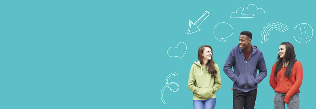 A cutout photograph of three young people walking and talking against a teal background and surrounded by cartoon style doodles