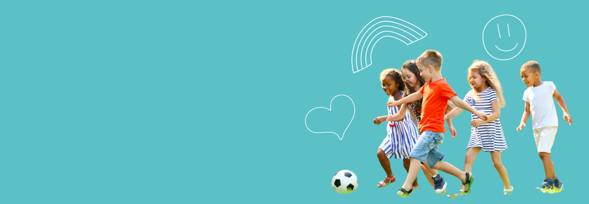 A cutout image of young children playing football against a teal background surrounded by cartoon-style doodles
