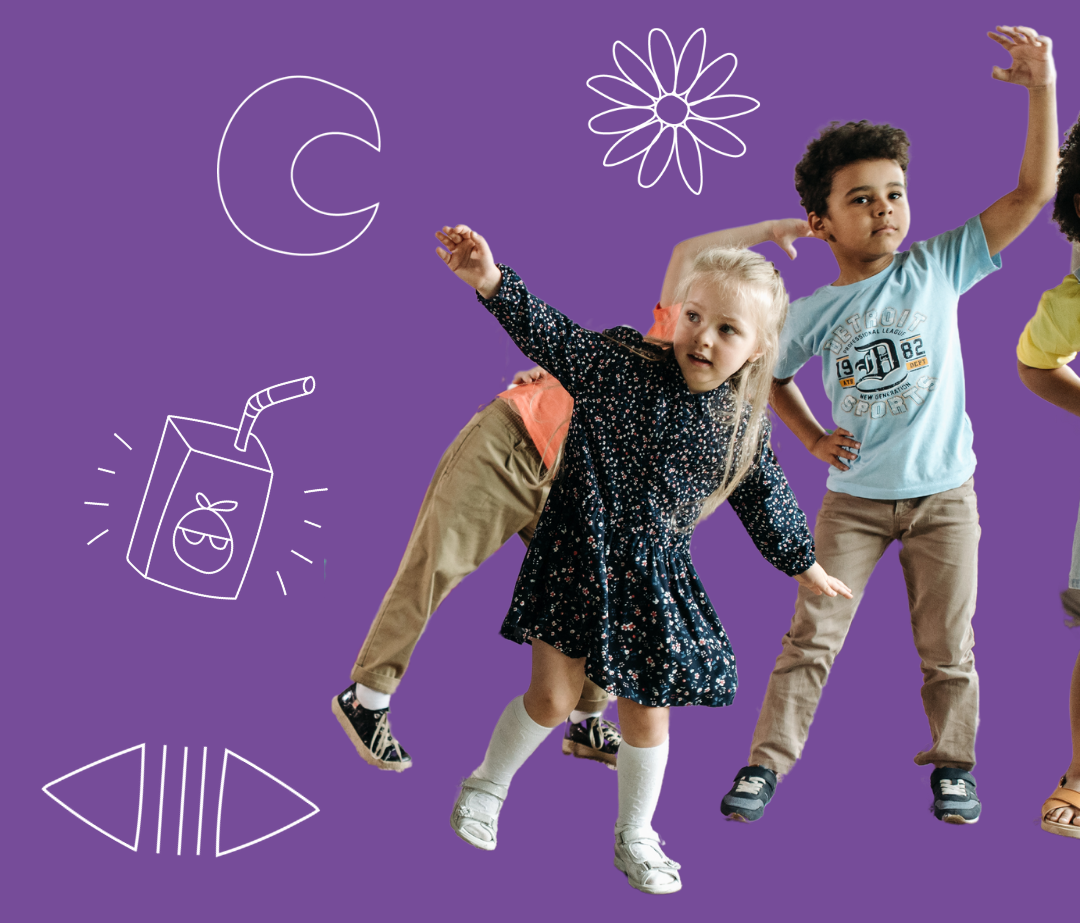 A cutout image of children exercising against a purple background surrounded by cartoon-style doodles