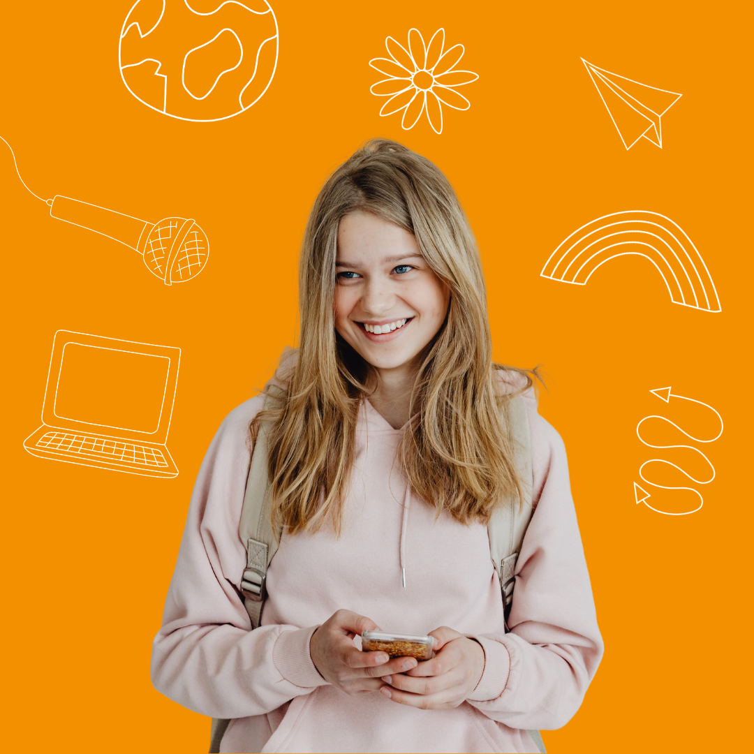 A cutout image of a smiling teenage girl with a mobile phone against an orange background with cartoon-style doodles