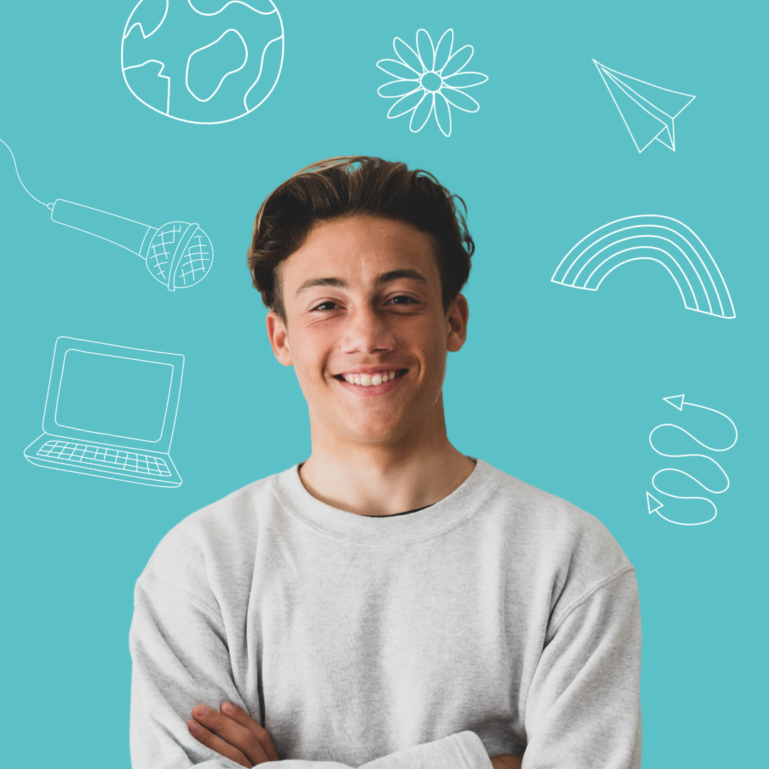 A cutout image of a smiling teenage boy against a teal background with cartoon-style doodles