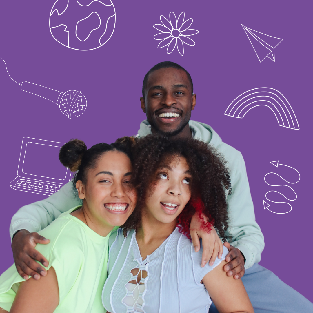 A cutout image of three smiling young people against a purple background with cartoon-style doodles