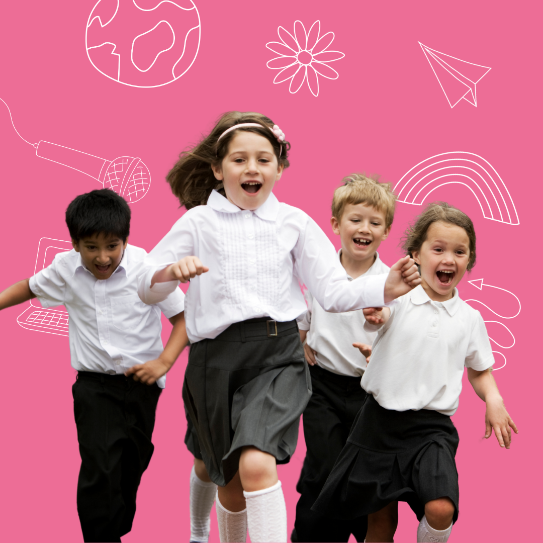 A cutout image of a two young boys and two young girls running against a pink background with cartoon-style doodles