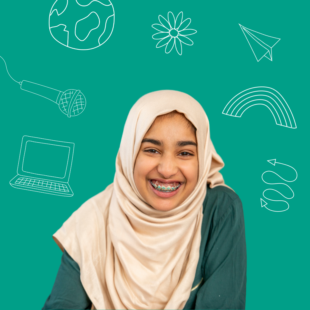 A cutout image of a smiling teenage girl against a green background with cartoon-style doodles