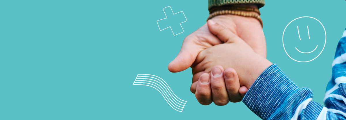 A cutout image of a parent's hand holding a child's hand against a teal background surrounded by cartoon-style doodles