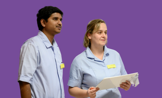 A cutout image of a male and a female healthcare assistant in uniform looking off to the right against a purple background