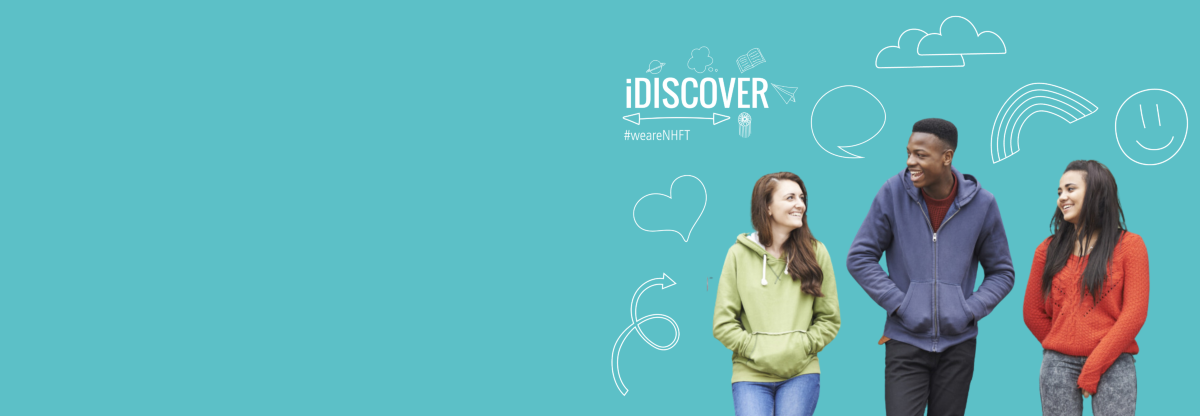 A cutout photograph of three young people walking and talking against a teal background and surrounded by cartoon style doodles