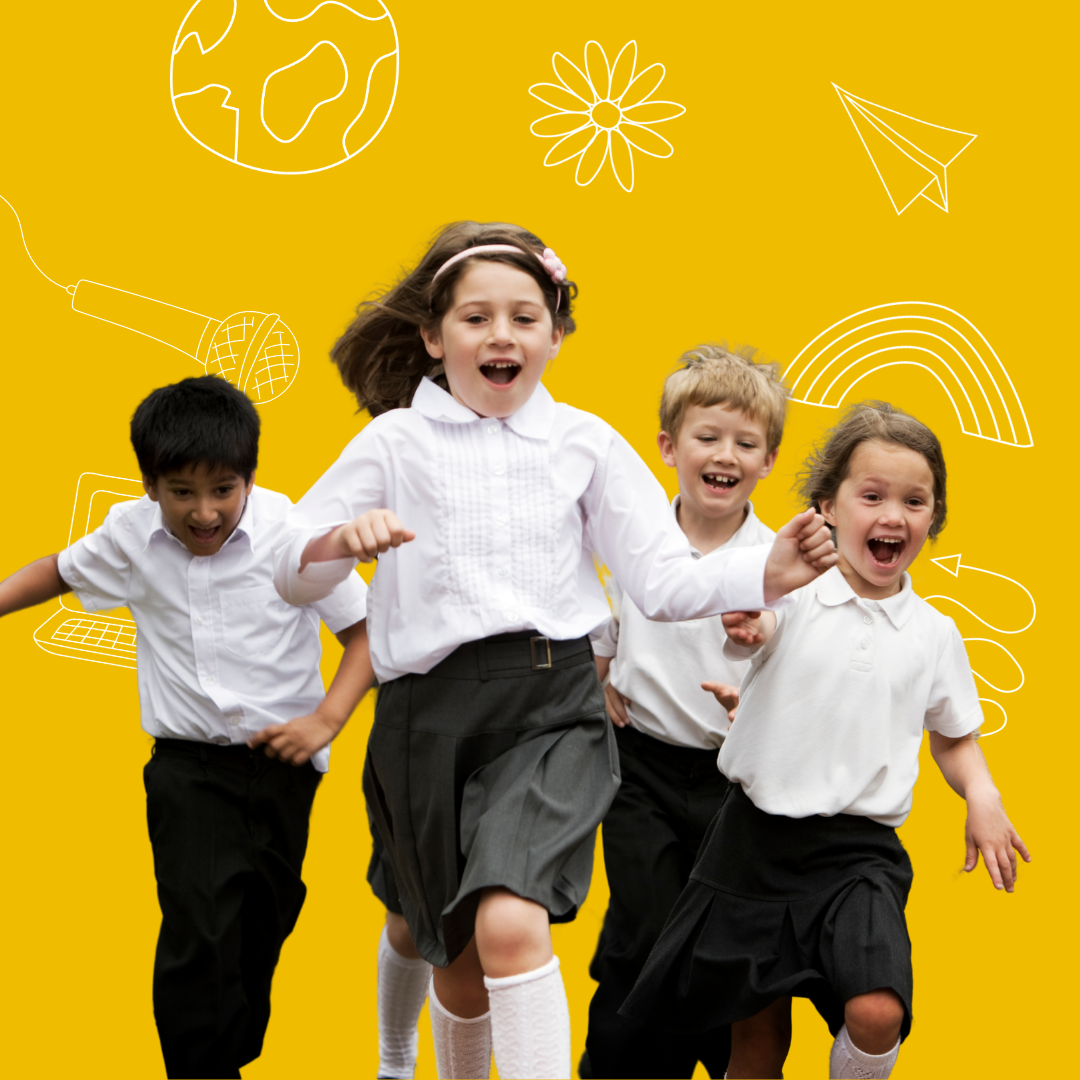 A group of young schoolchildren running and smiling against a yellow background with doodles