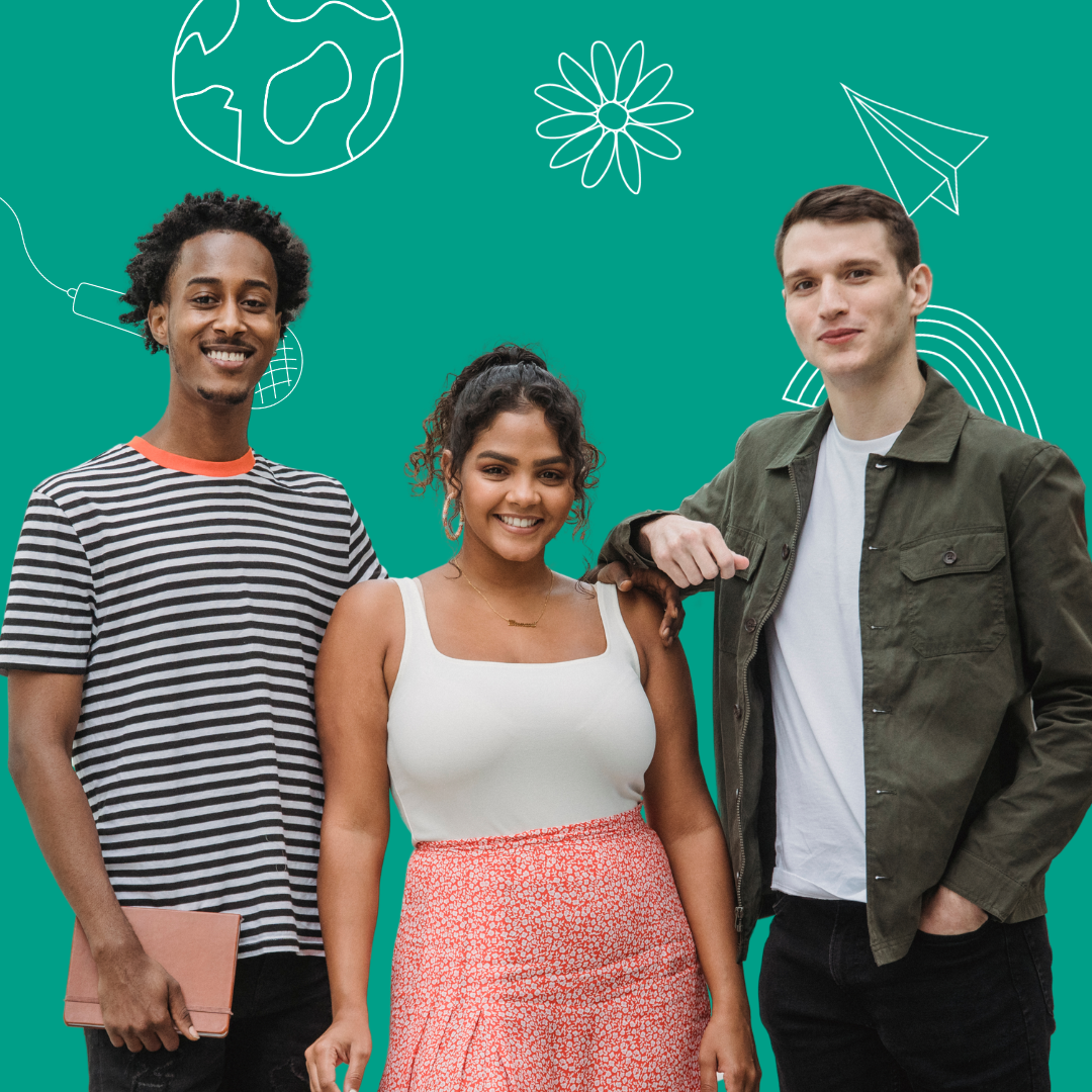 Three older teenagers against a green background with doodles