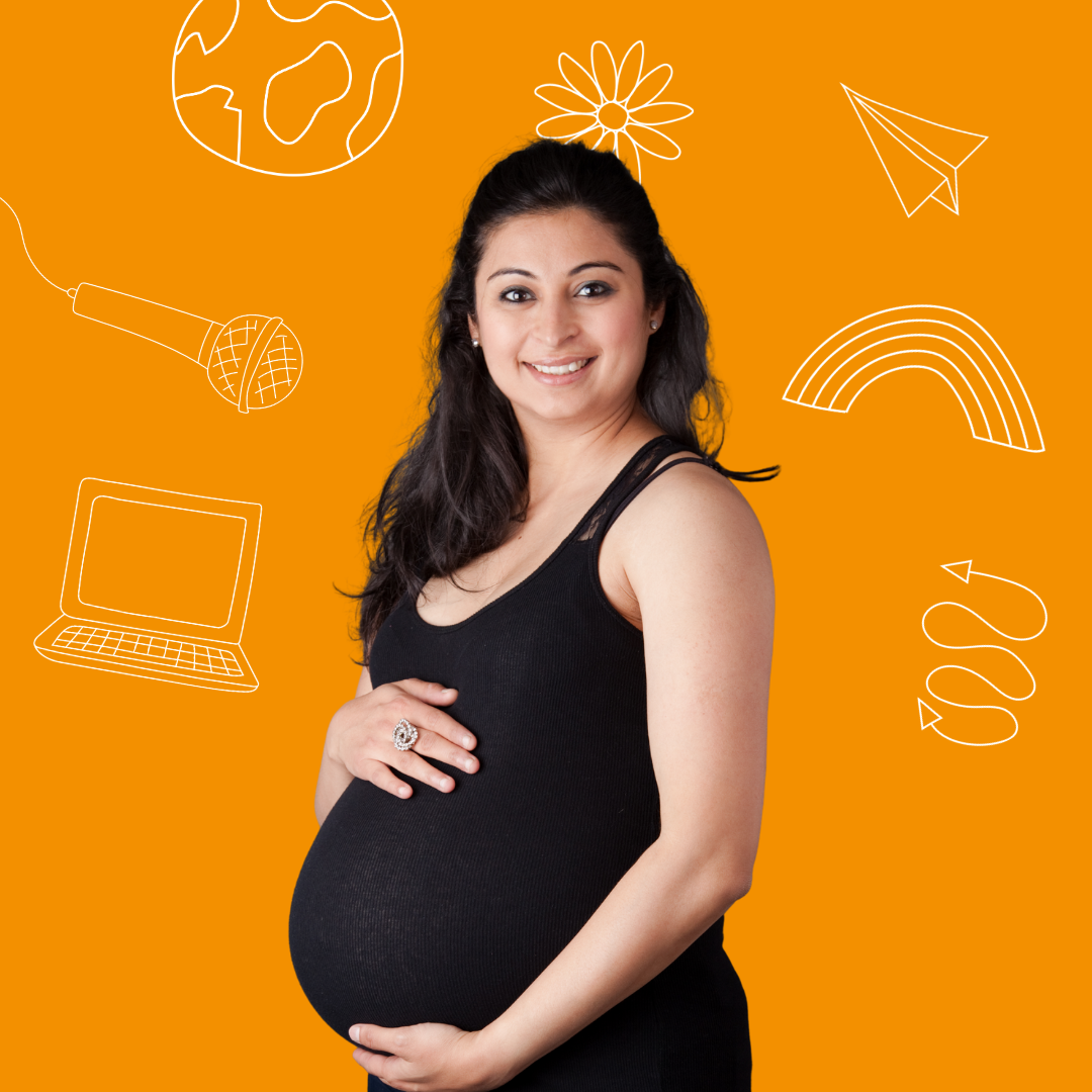 A pregnant woman smiling against an orange background with doodles