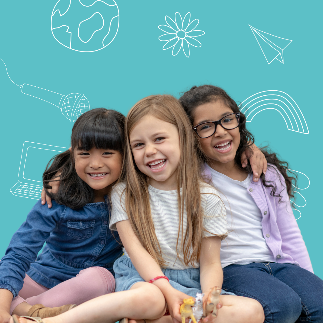 Three young girls smiling against a teal background with doodles