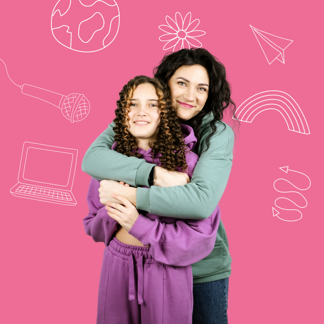 A mother with her arms round a teenage girl against a pink background with doodles