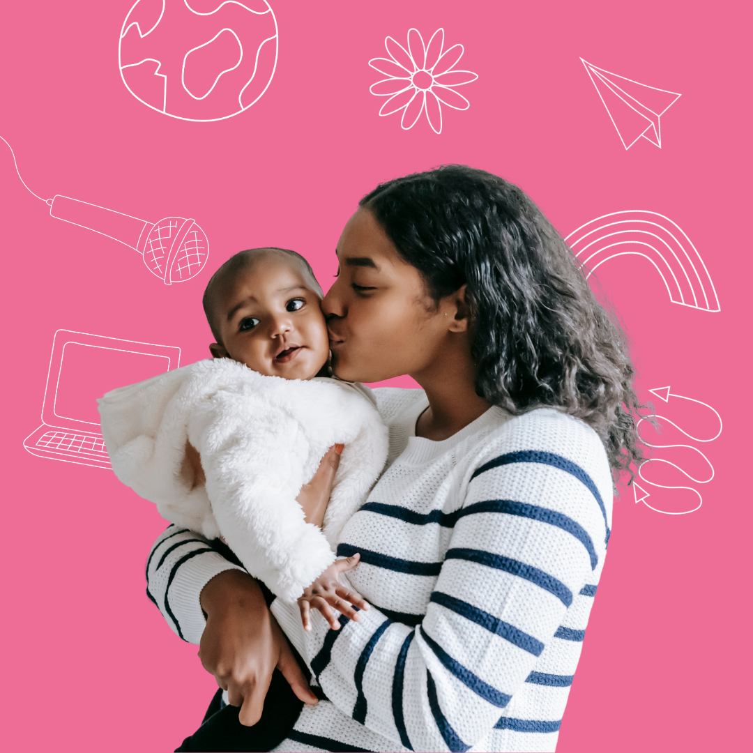 A mother kissing her baby against a pink background with doodles