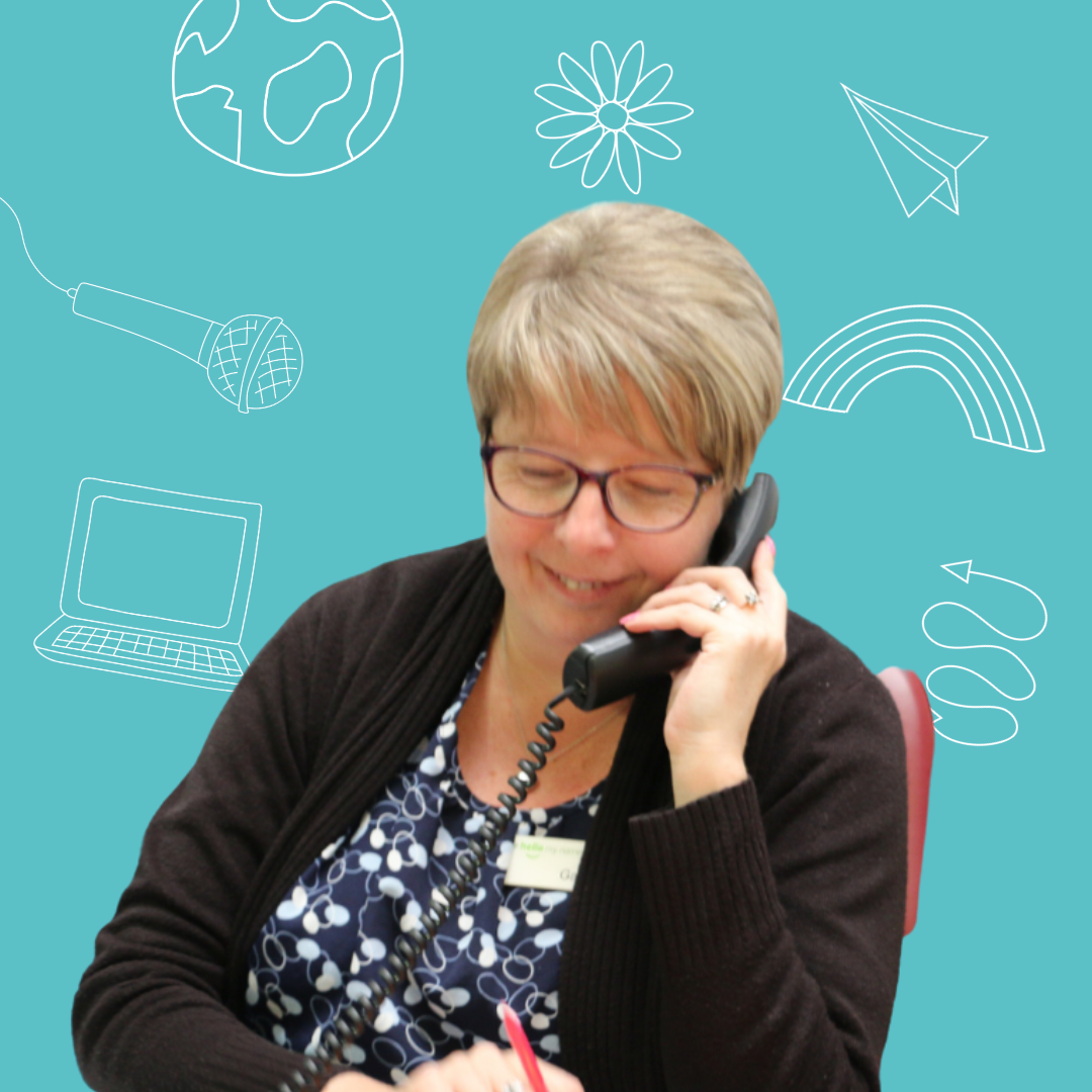 A female NHFT administrative worker on the phone against a teal background with doodles