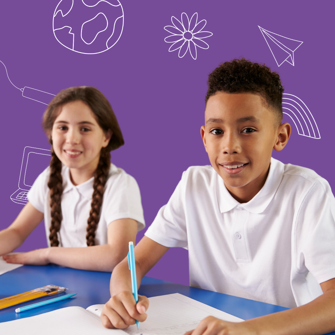 A young boy and girl doing schoolwork against a purple background with doodles