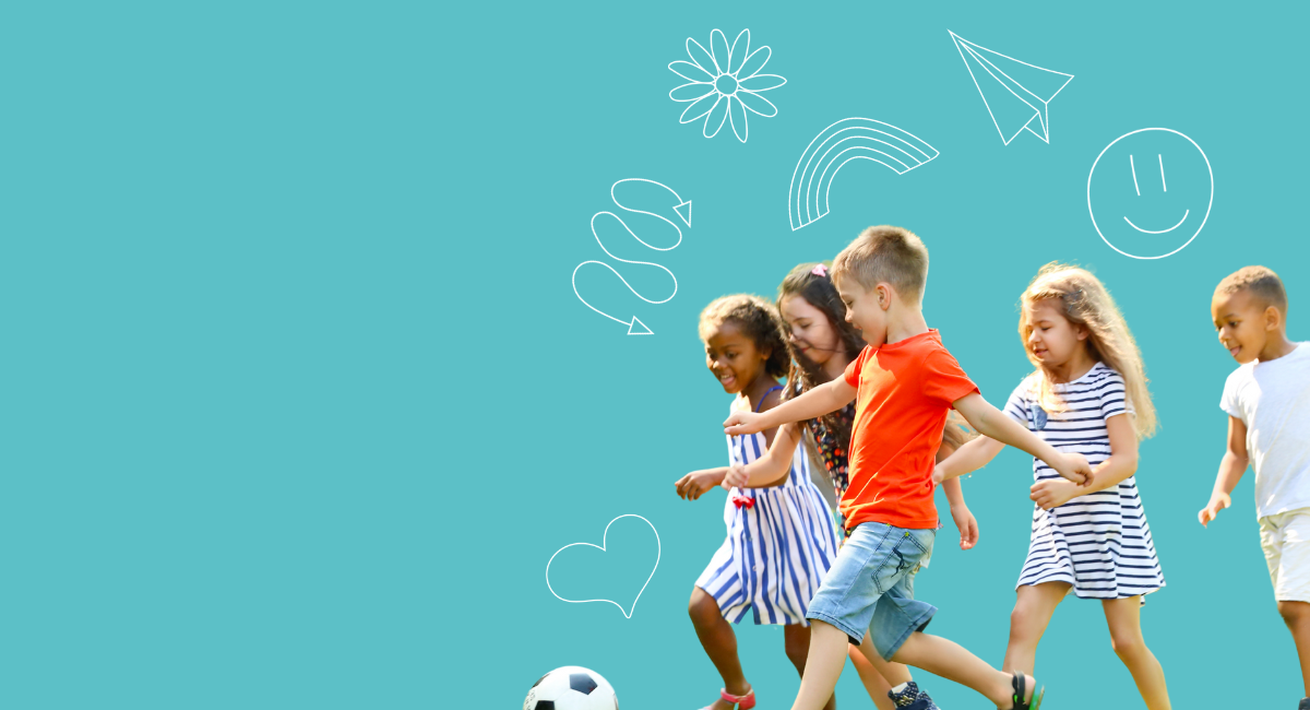 A group of children playing football against a teal background surrounded by cartoon-style doodles